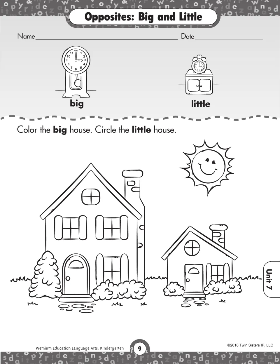 Opposites big and little: students color the big house and circle the little house, with clocks showing each word