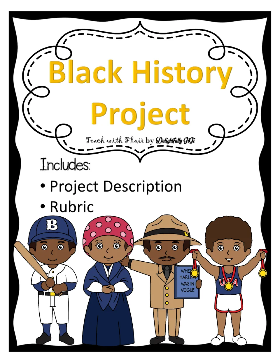 Black History Project cover listing a project description and a rubric, illustrated with four cartoon figures
