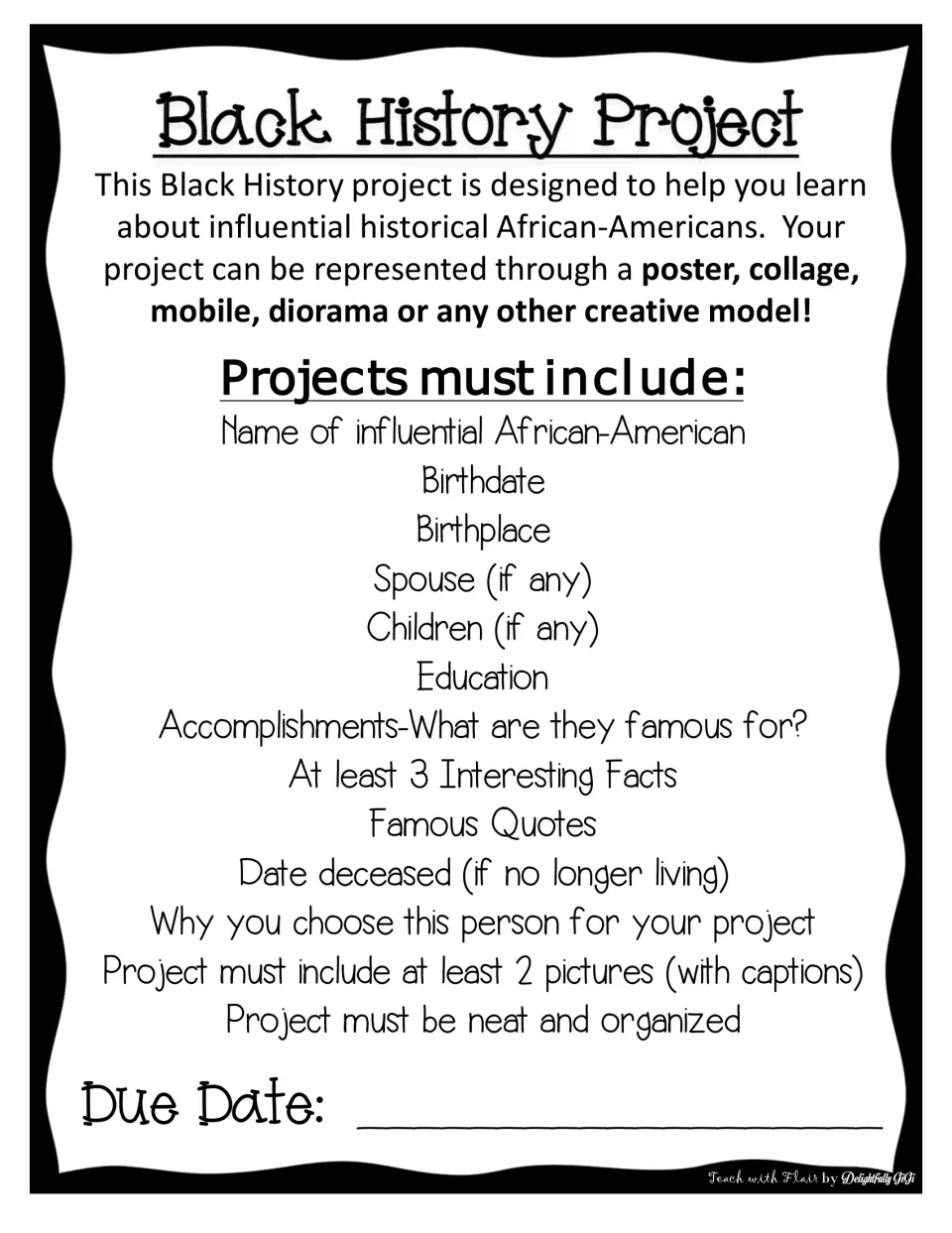 Project directions: students research an influential African-American and present facts and quotes in a poster or diorama