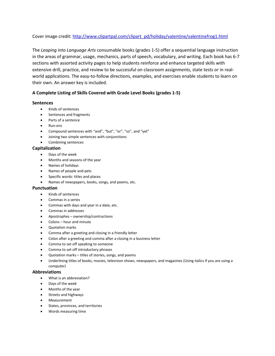 Series overview and skills list: sentences, capitalization, punctuation and abbreviations in the grade 1-5 books