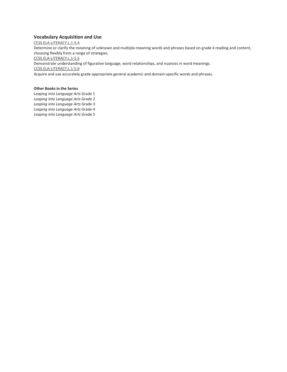Vocabulary Acquisition and Use standards L.1-5.4 to L.1-5.6, plus the series list of grade 1-5 books