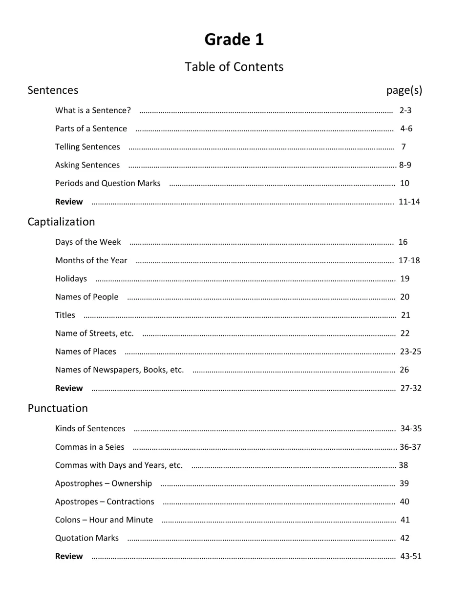 Grade 1 table of contents: sentences, capitalization and punctuation, such as commas, apostrophes and quotation marks
