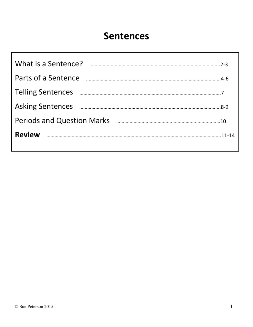Sentences section divider: what is a sentence, parts of a sentence, telling and asking sentences, review
