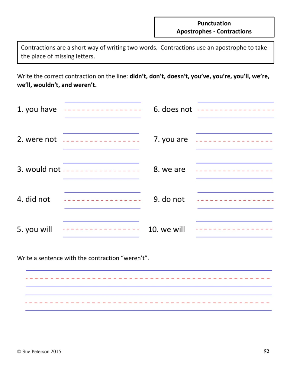 Apostrophes and contractions: students write the contraction for 10 word pairs, then use weren't in a sentence