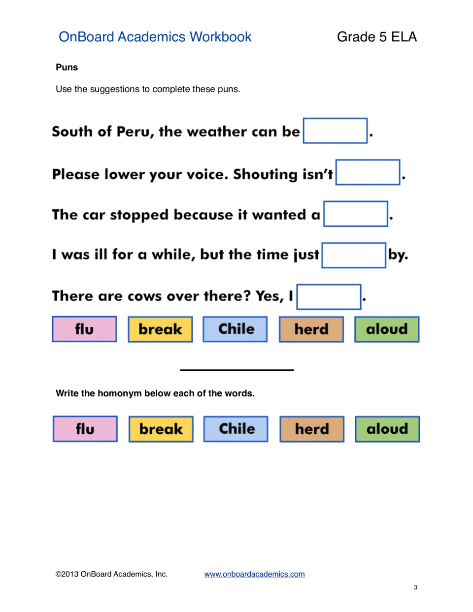 Puns practice: students fill in five puns using flu, break, Chile, herd and aloud, then write each word's homonym