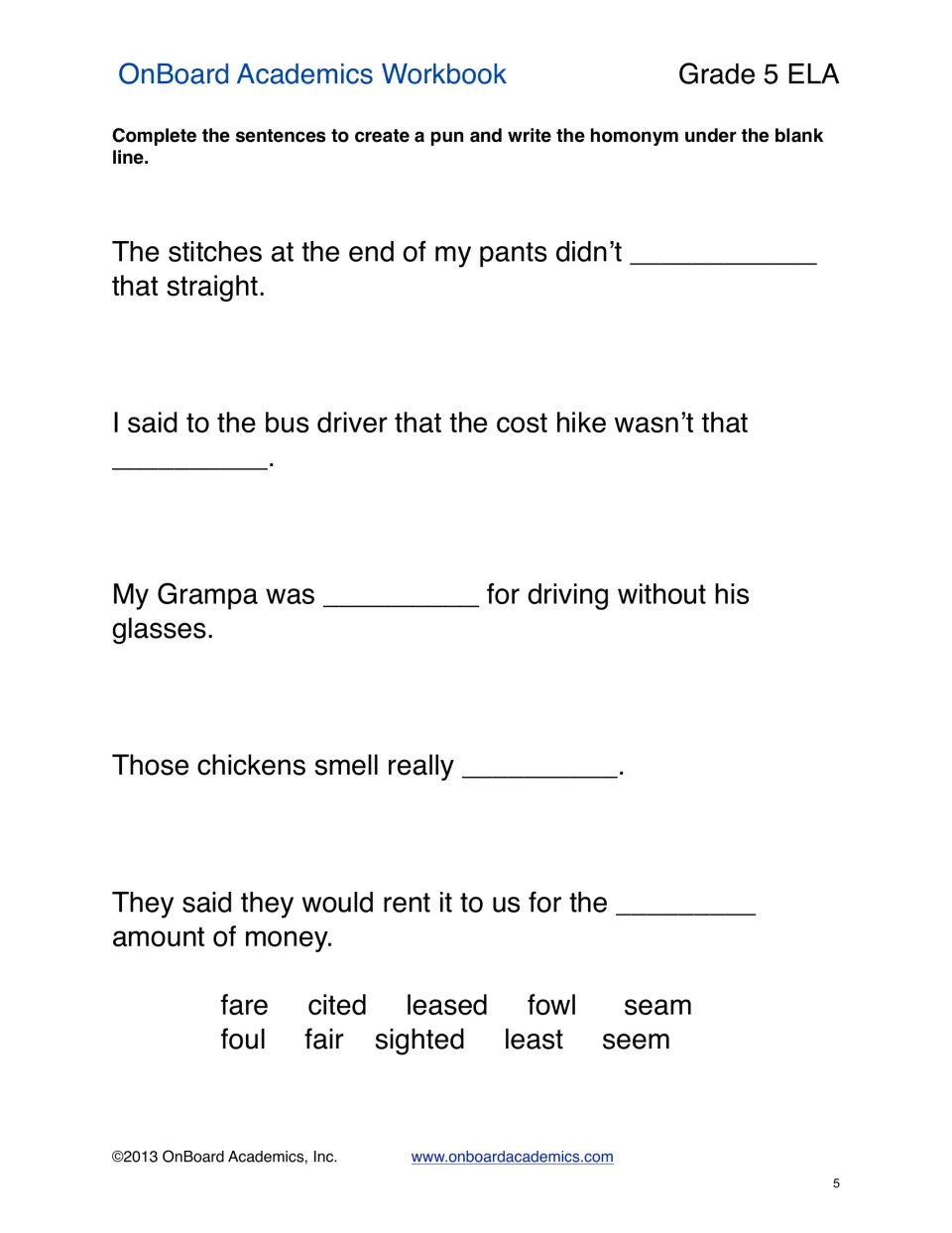 Pun sentences: students choose from homonym pairs like fare/fair and fowl/foul to fill each blank, then write the homonym