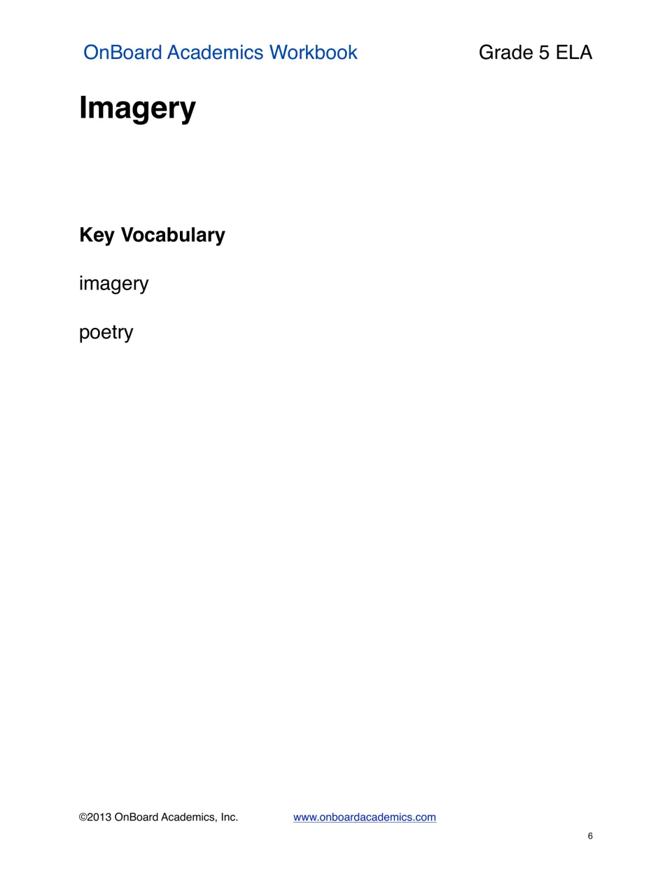 Imagery section opener listing the key vocabulary terms imagery and poetry