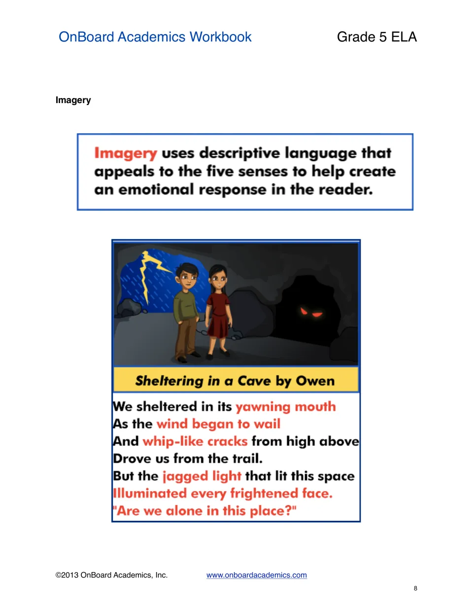 Imagery defined as language appealing to the five senses, with vivid phrases highlighted in red in a cave poem by Owen