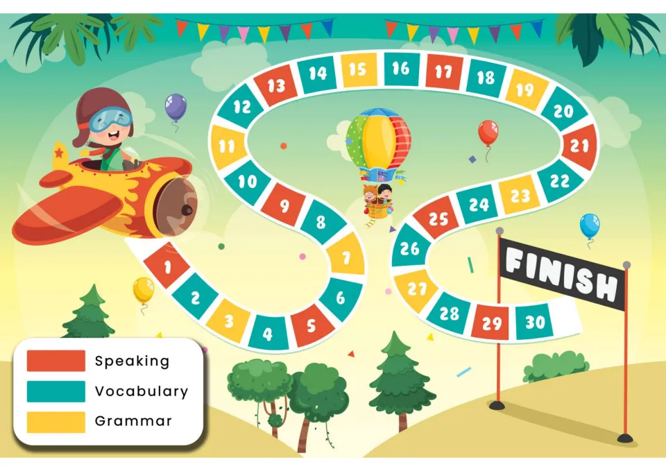 ESL game board numbered 1–30, with color-coded spaces for Speaking, Vocabulary, and Grammar and a finish.