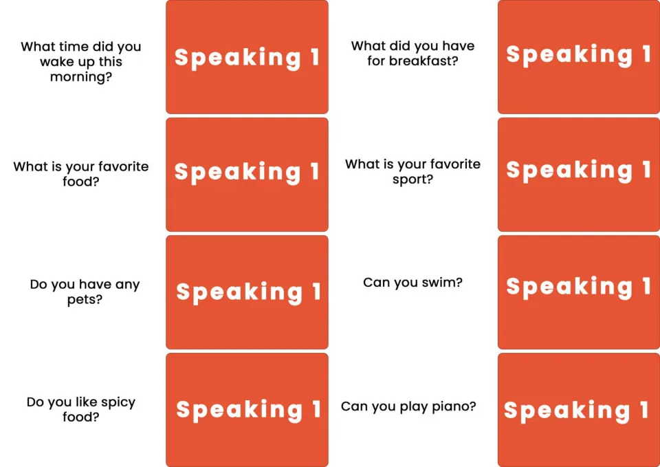 Eight Speaking 1 cards ask about waking up, breakfast, favorite food and sports, pets, and abilities.