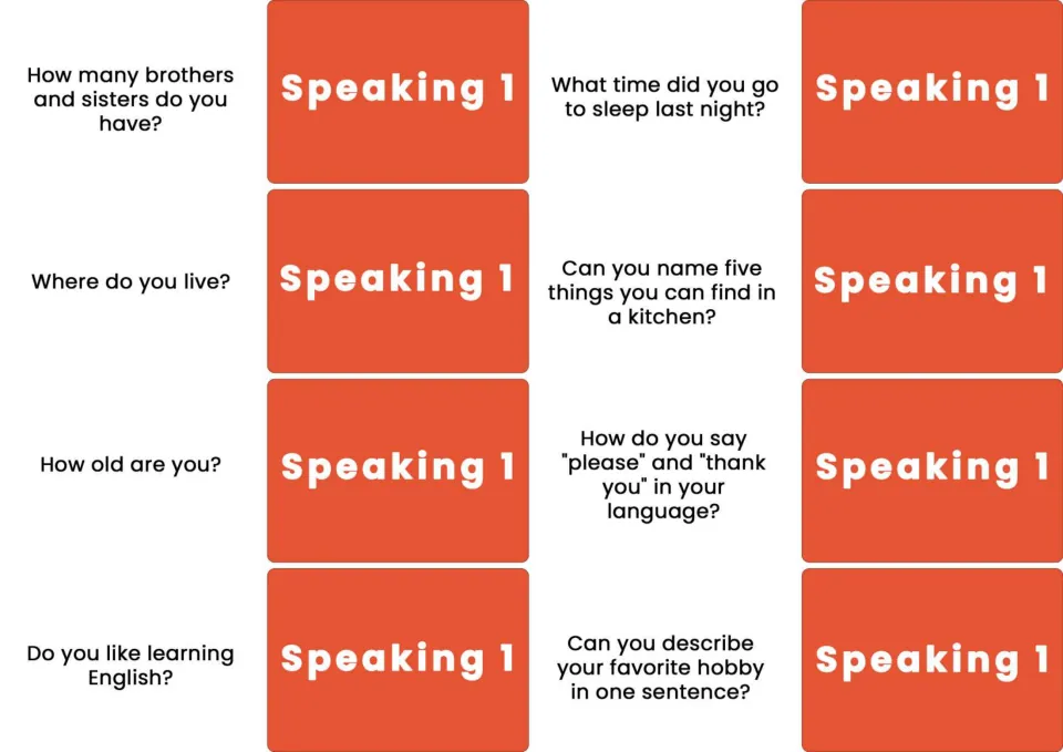 Eight Speaking 1 cards ask about siblings, home, age, learning English, bedtime, kitchen items, and hobbies.