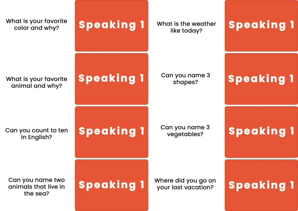 Eight Speaking 1 cards cover favorite colors and animals, counting, sea animals, weather, and vacations.