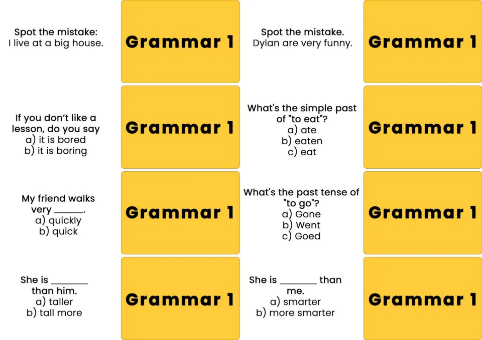 Eight Grammar 1 cards cover error correction, bored versus boring, adverbs, comparatives, and past tense.