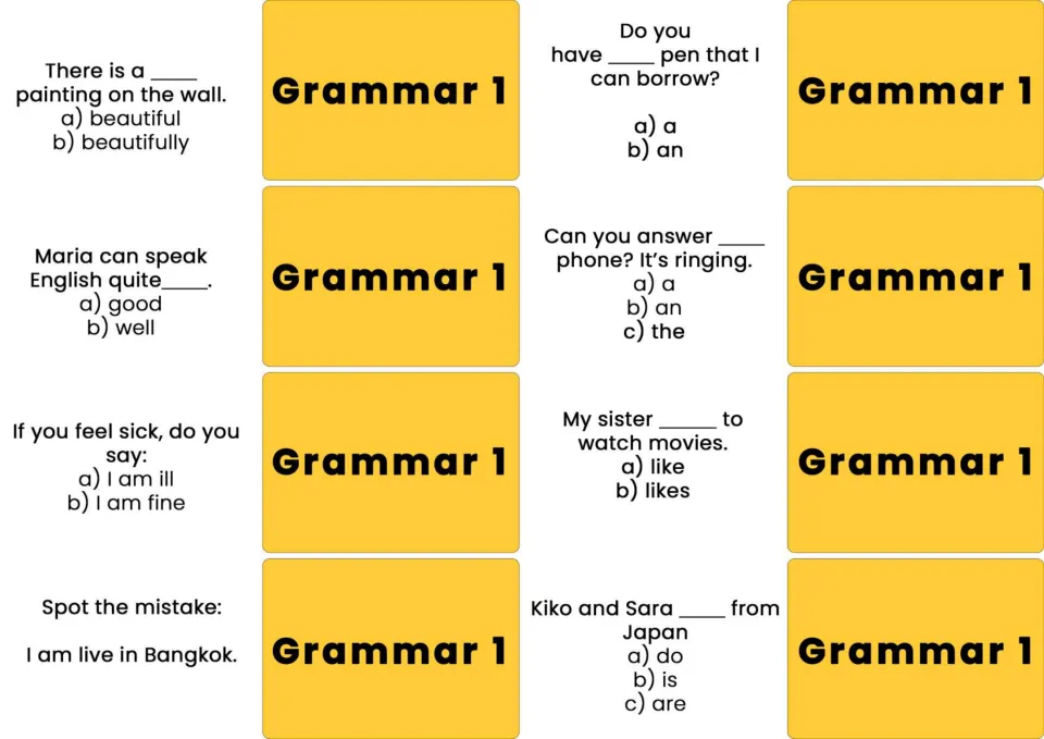 Eight Grammar 1 cards practice beautiful versus beautifully, good versus well, articles, and verb forms.