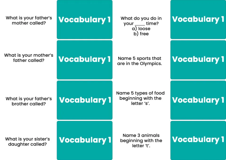 Eight Vocabulary 1 cards ask about family terms, free time, Olympic sports, foods starting with s, and animals.