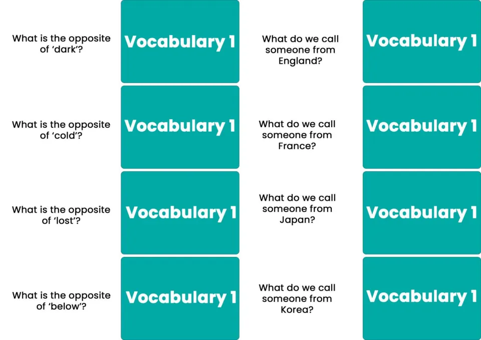 Eight Vocabulary 1 cards ask opposites of dark, cold, lost, below and nationalities for England, France, Japan, Korea.