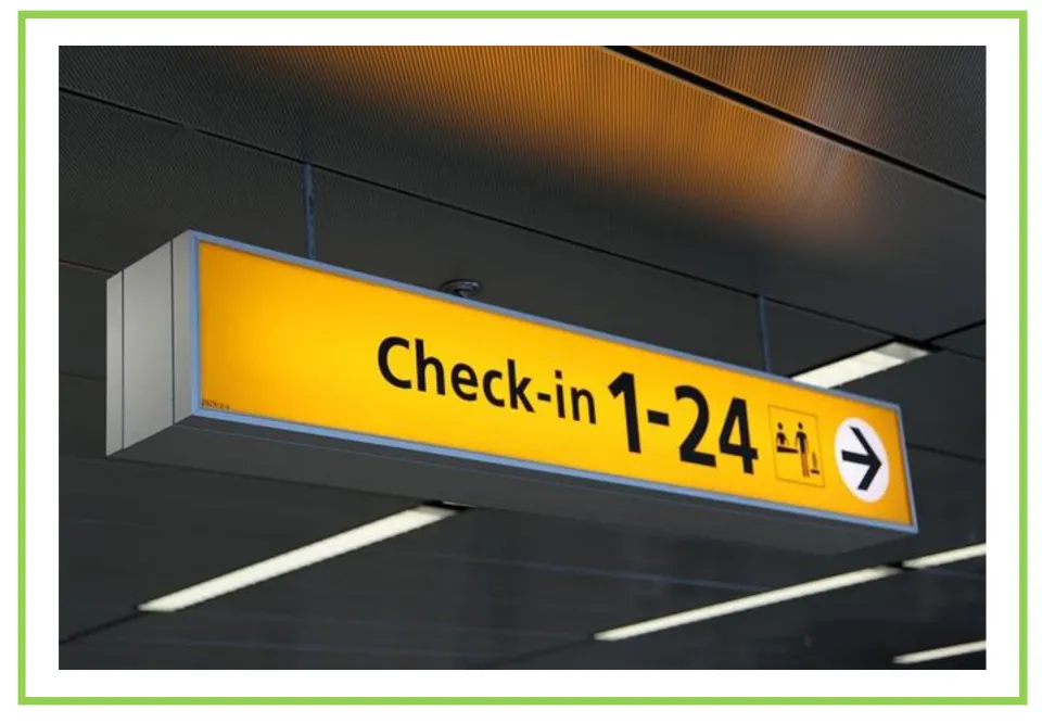 Airport vocabulary flashcard without a vocabulary label, showing a check-in sign numbered 1–24 with an arrow