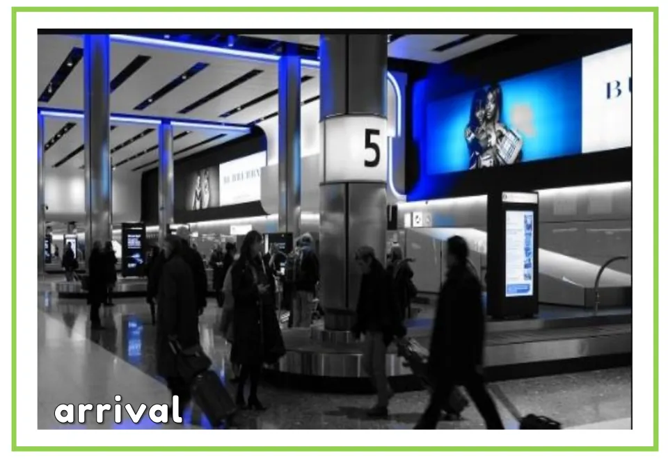 Airport vocabulary flashcard labeled “arrival,” showing travelers beside a baggage carousel marked with number 5