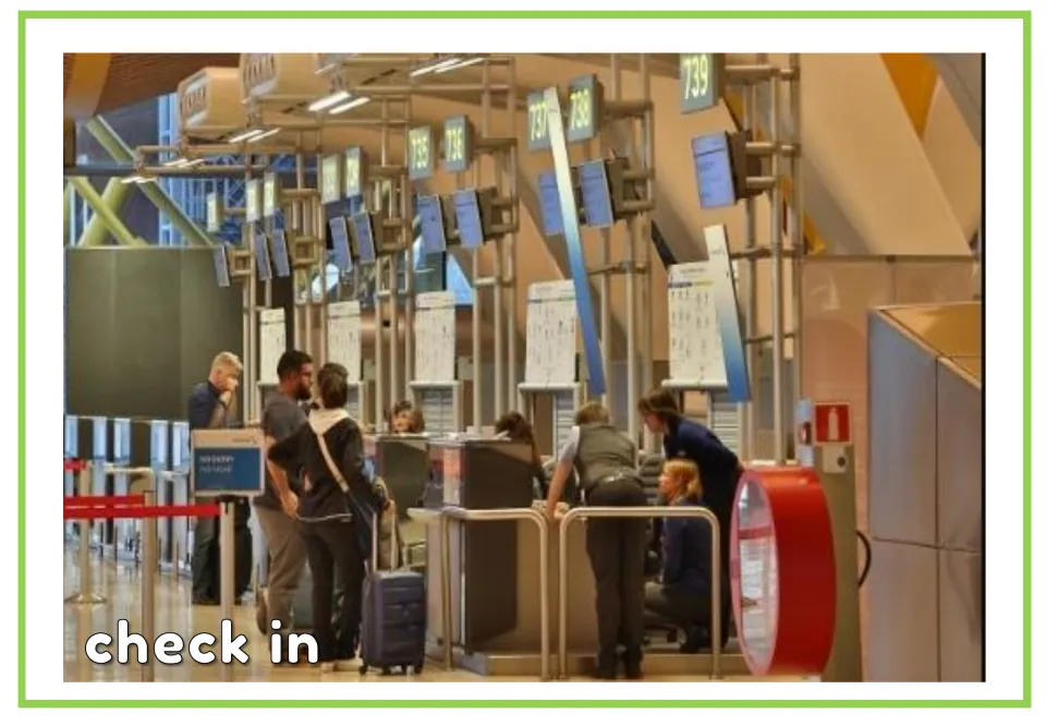 Airport vocabulary flashcard labeled “check in,” showing travelers and suitcases at staffed airport counters