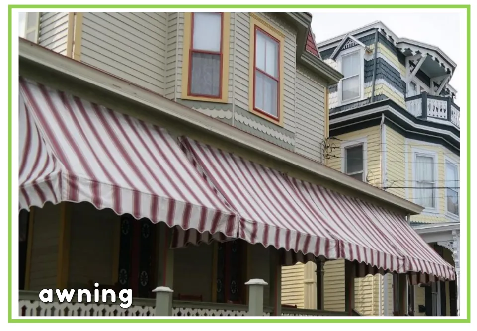 Flashcard labeled awning: red and white striped porch awnings on a house, matching the word to the picture