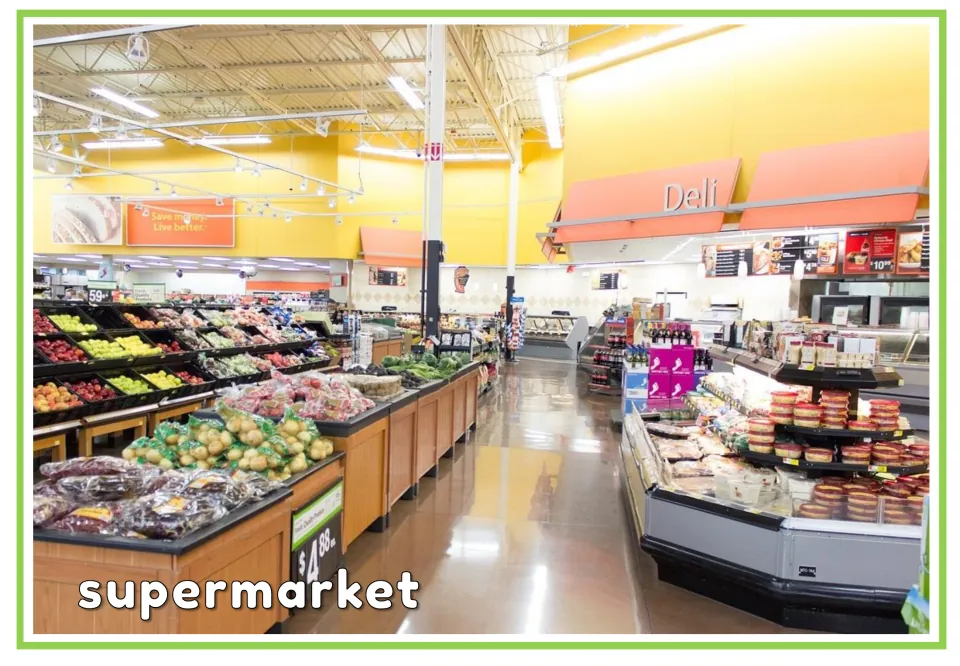 English vocabulary flashcard labeled "supermarket," showing produce displays and a deli counter in a store