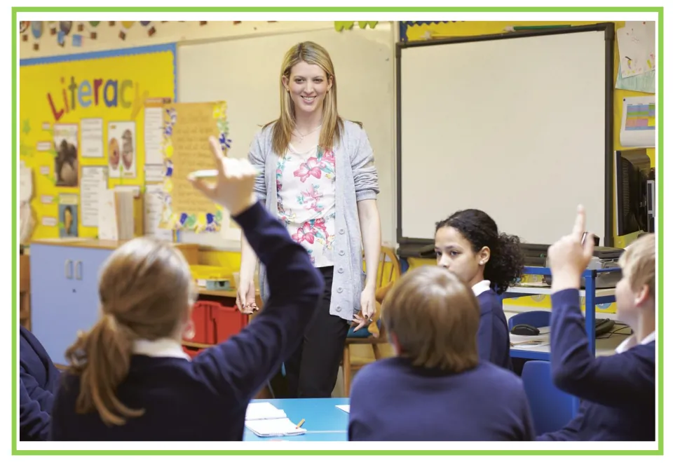 Picture-only school vocabulary flashcard showing a teacher and students raising their hands in a classroom