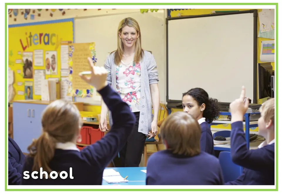 English vocabulary flashcard labeled "school," showing a teacher and students raising hands in a classroom