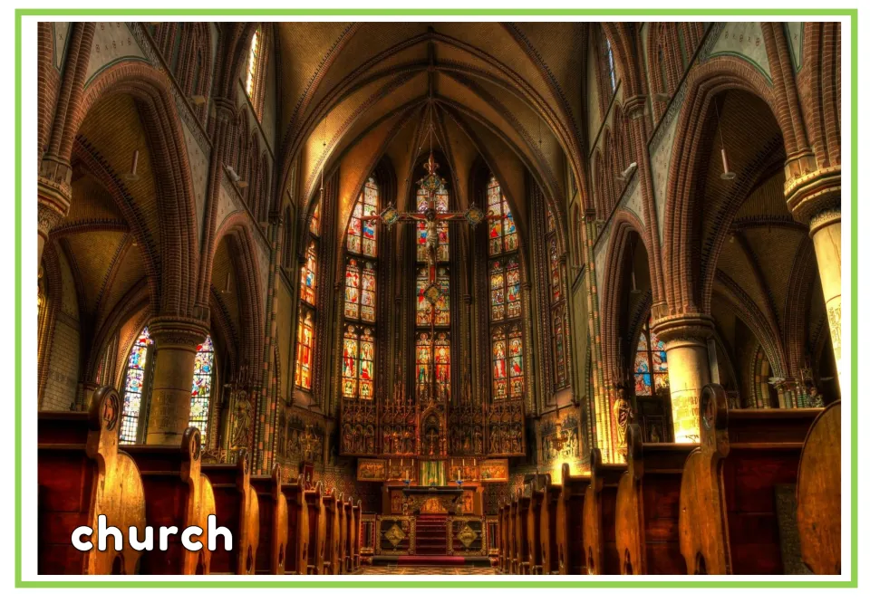 English vocabulary flashcard labeled "church," showing an interior with pews and stained-glass windows