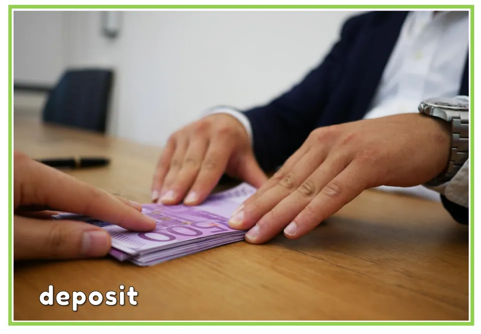 Labeled banking vocabulary flashcard showing hands passing euro banknotes across a desk, labeled "deposit"