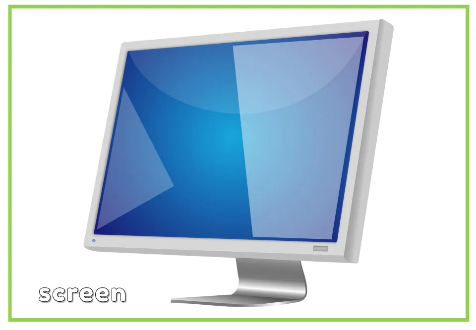 Labeled computer vocabulary flashcard showing a monitor and the word 'screen', paired with the picture-only card