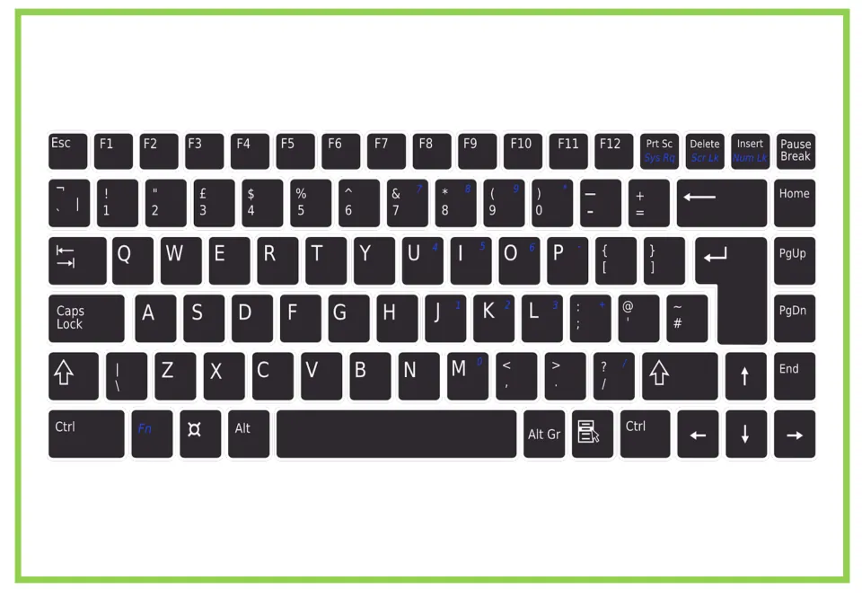 Picture-only computer vocabulary flashcard showing a keyboard, paired with the card labeled 'keyboard'