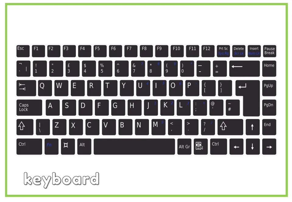 Labeled computer vocabulary flashcard showing a keyboard and the word 'keyboard' for English vocabulary practice