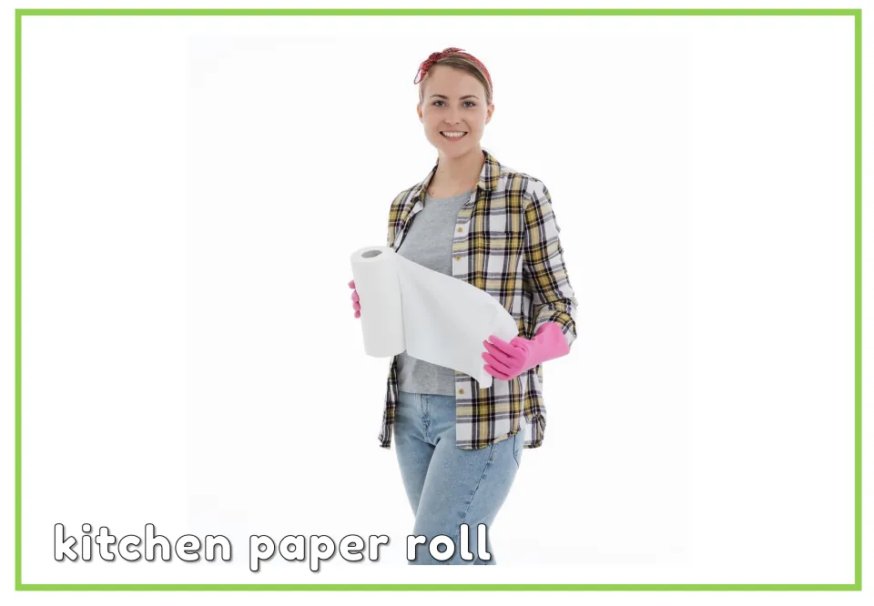 Labeled hygiene vocabulary flashcard showing a woman holding a paper towel roll, labeled 'kitchen paper roll'