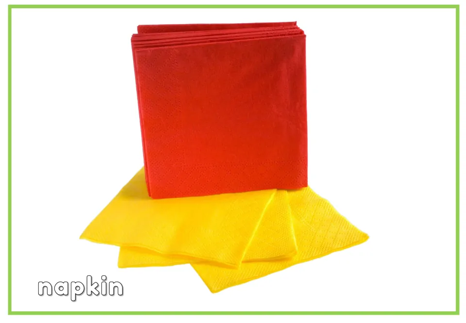 Labeled hygiene vocabulary flashcard showing red and yellow napkins with the English vocabulary word 'napkin'