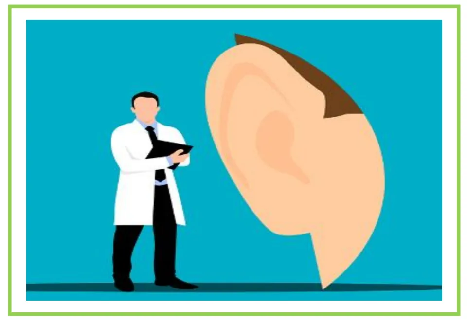 Picture-only doctor vocabulary flashcard showing a doctor holding a clipboard beside a large ear