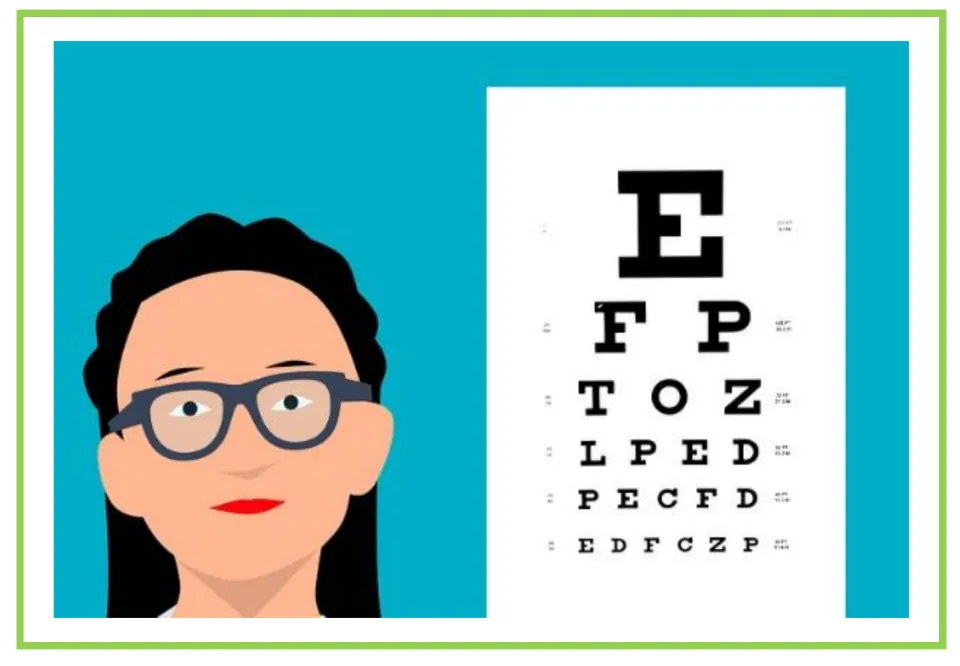 Picture-only doctor vocabulary flashcard showing a woman wearing glasses beside a letter eye chart
