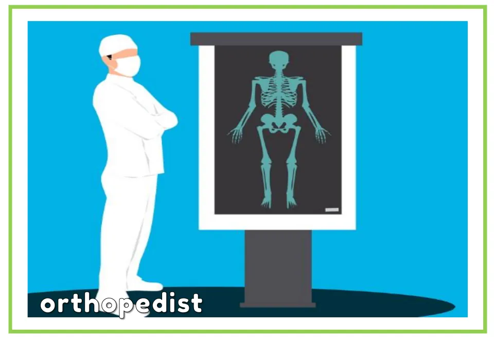 Doctor vocabulary flashcard labeled 'orthopedist', showing a masked doctor beside a skeleton display