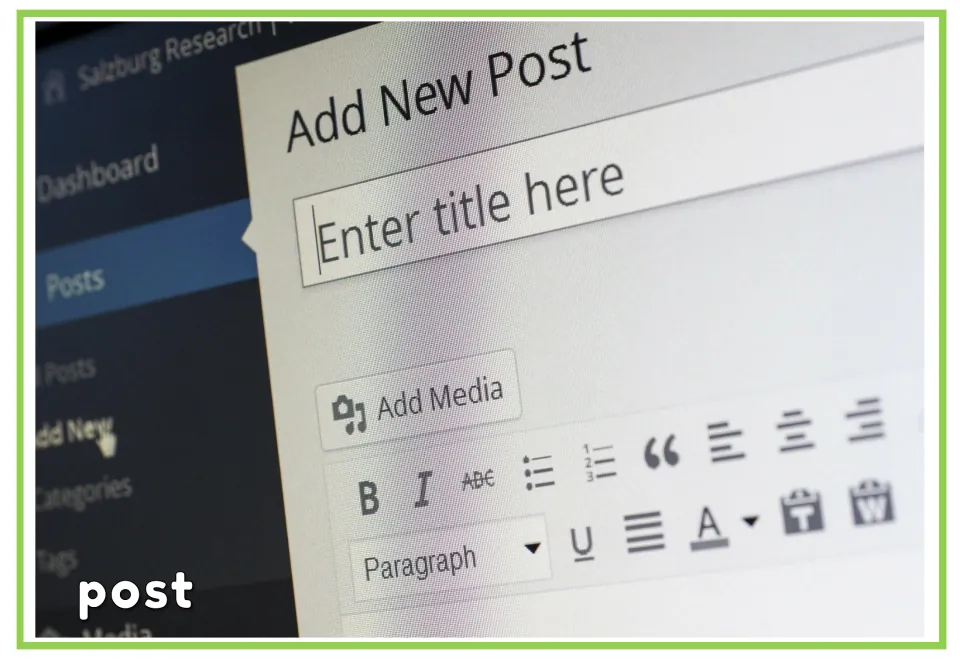 Labeled social media vocabulary flashcard for 'post', showing an editor with an 'Enter title here' field