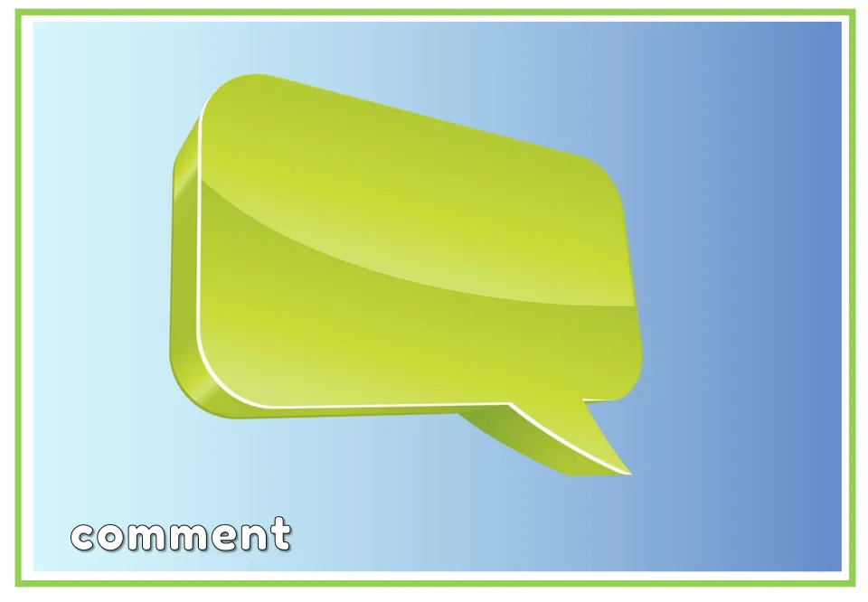 Labeled social media vocabulary flashcard for 'comment', pairing the word with a green speech bubble