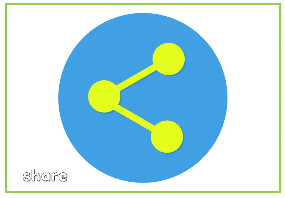 Labeled social media vocabulary flashcard for 'share', showing a symbol made of three connected dots