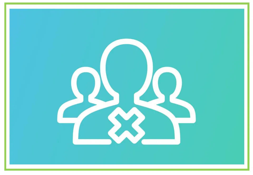 Picture-only social media vocabulary flashcard for delete, showing three people outlines and an X