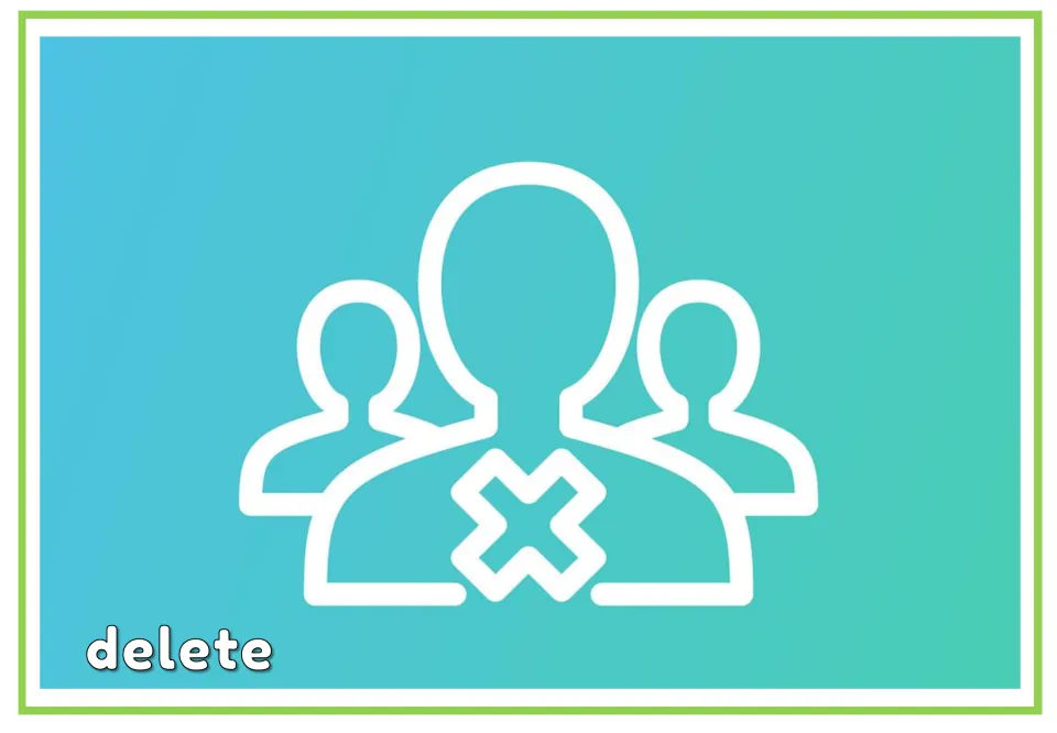 Labeled social media vocabulary flashcard for 'delete', pairing the word with three people outlines and an X