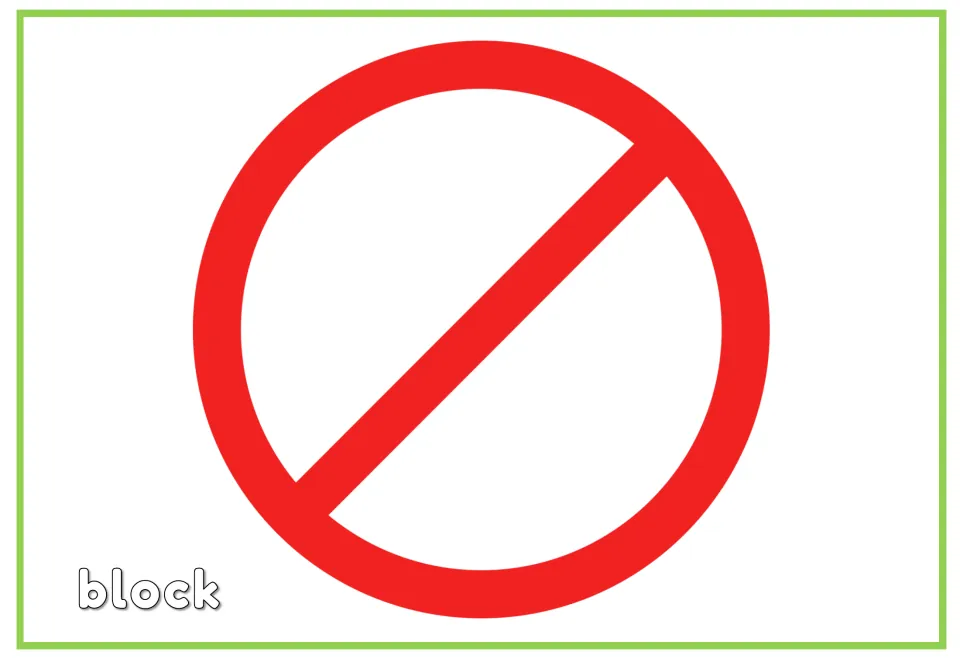 Labeled social media vocabulary flashcard for 'block', pairing the word with a red prohibition symbol