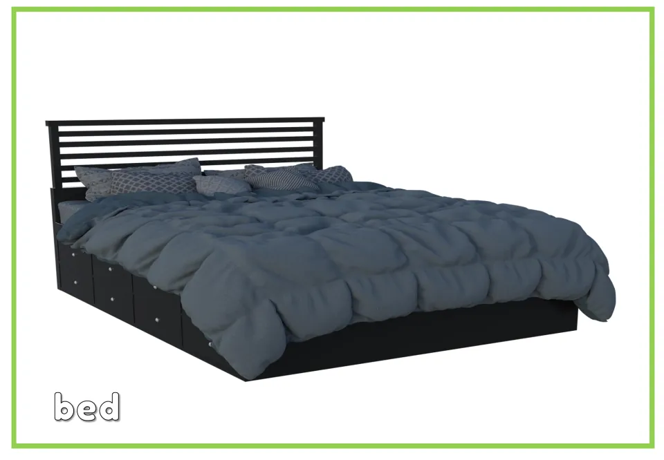 Labeled furniture vocabulary flashcard showing a bed with pillows and a dark comforter above the word 'bed'