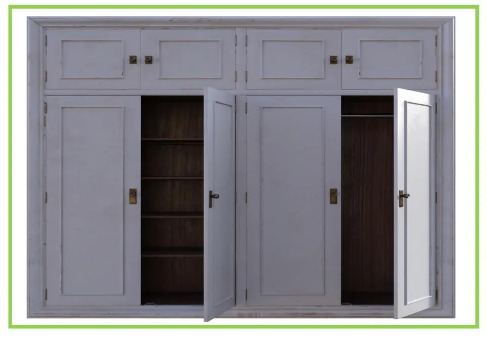 Picture-only furniture vocabulary flashcard showing a closet with open doors, shelves, and hanging space