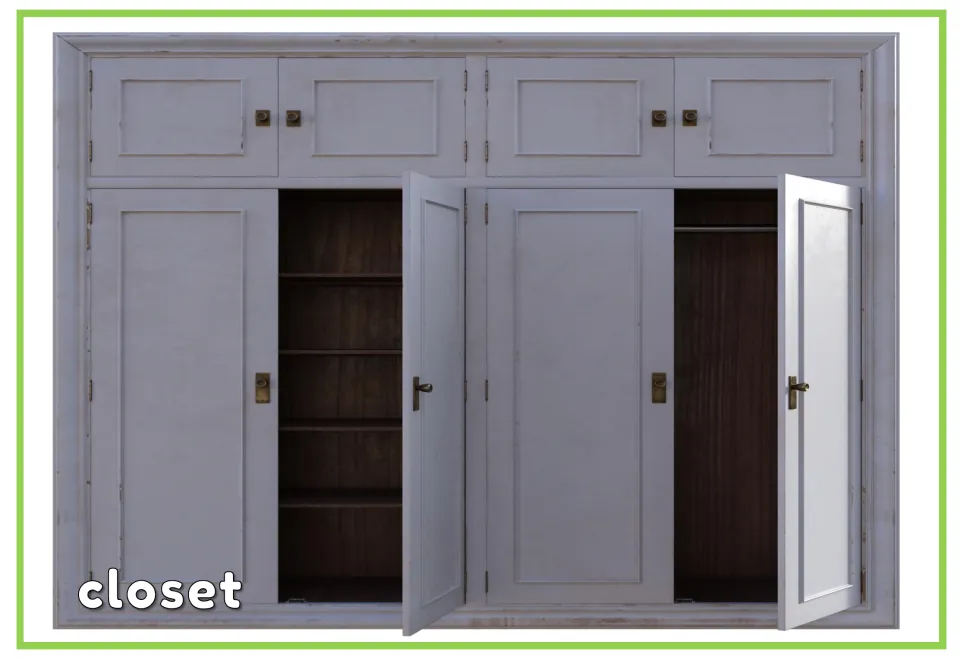 Labeled furniture vocabulary flashcard showing an open closet with shelves and the English word 'closet'