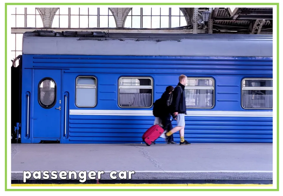 Labeled passenger car vocabulary flashcard showing a blue railroad car and the words 'passenger car'