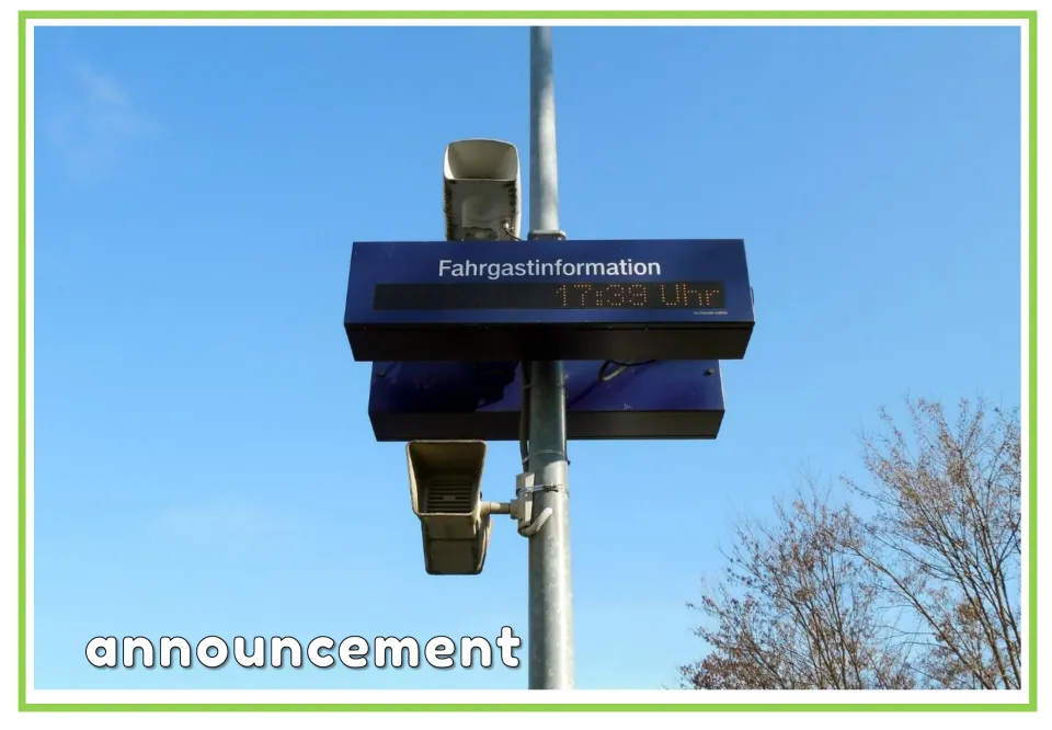Labeled announcement vocabulary flashcard showing station loudspeakers and a display with the word 'announcement'