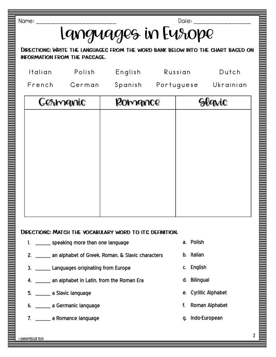 Language families sort: students write 10 languages under Germanic, Romance or Slavic, then match 7 vocabulary terms