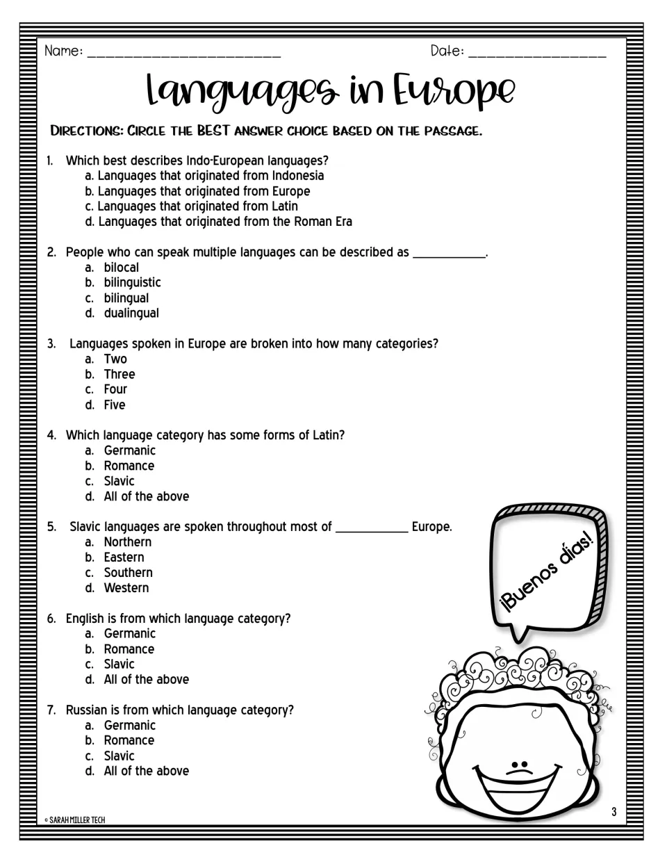 Reading comprehension quiz: students circle the best answer for 7 questions on Indo-European, Slavic and Romance languages